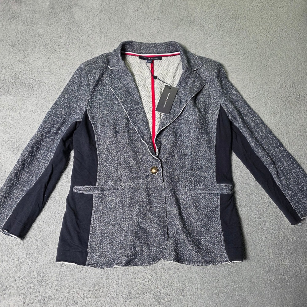 Tommy Hilfiger Womens Small Blazer Grey Martha's Vineyard Knit Contrast Panel